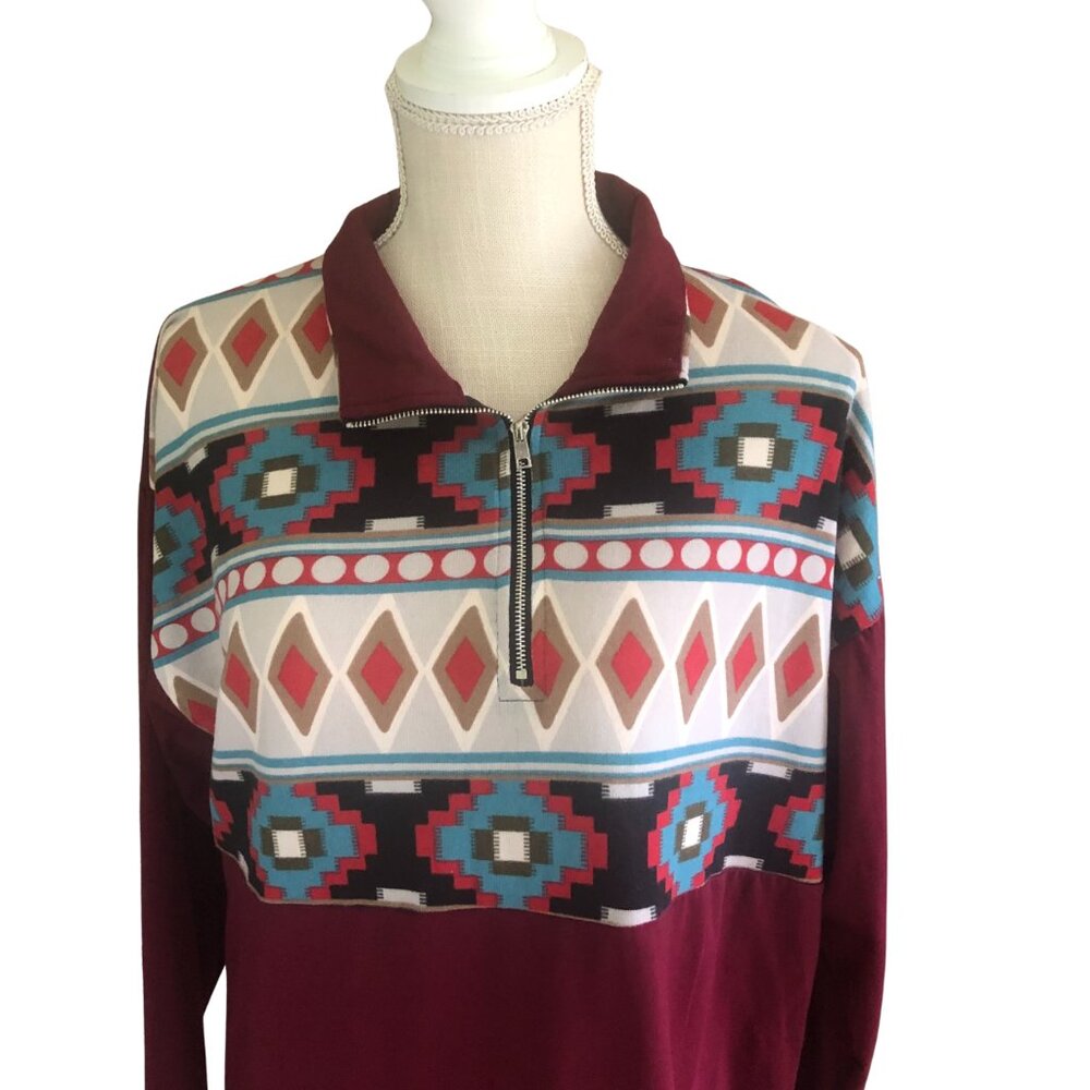 Sunshine & Rodeos XL Burgundy Aztec Quarter Zip Pullover